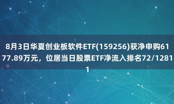 8月3日华夏创业板软件ETF(159256)获净申购6177.89万元，位居当日股票ETF净流入排名72/1281